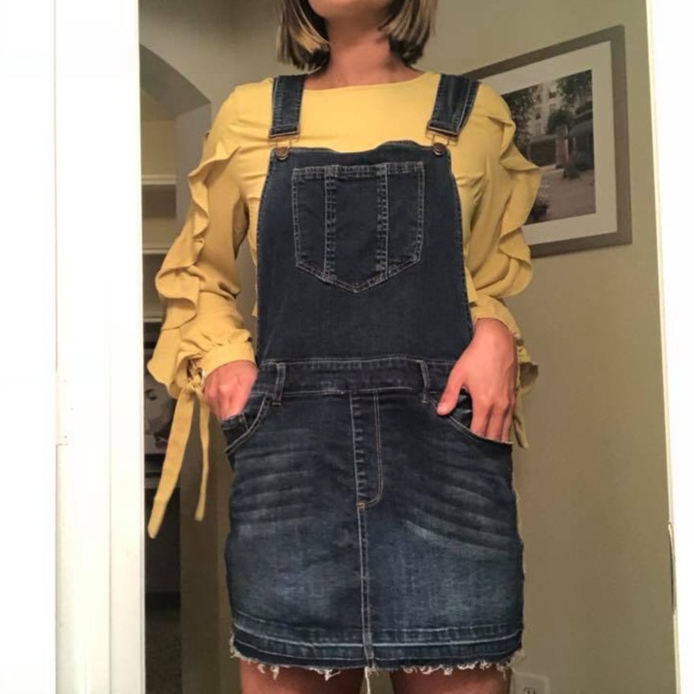 Dollhouse Denim Overall Dress with Raw Edge Hem